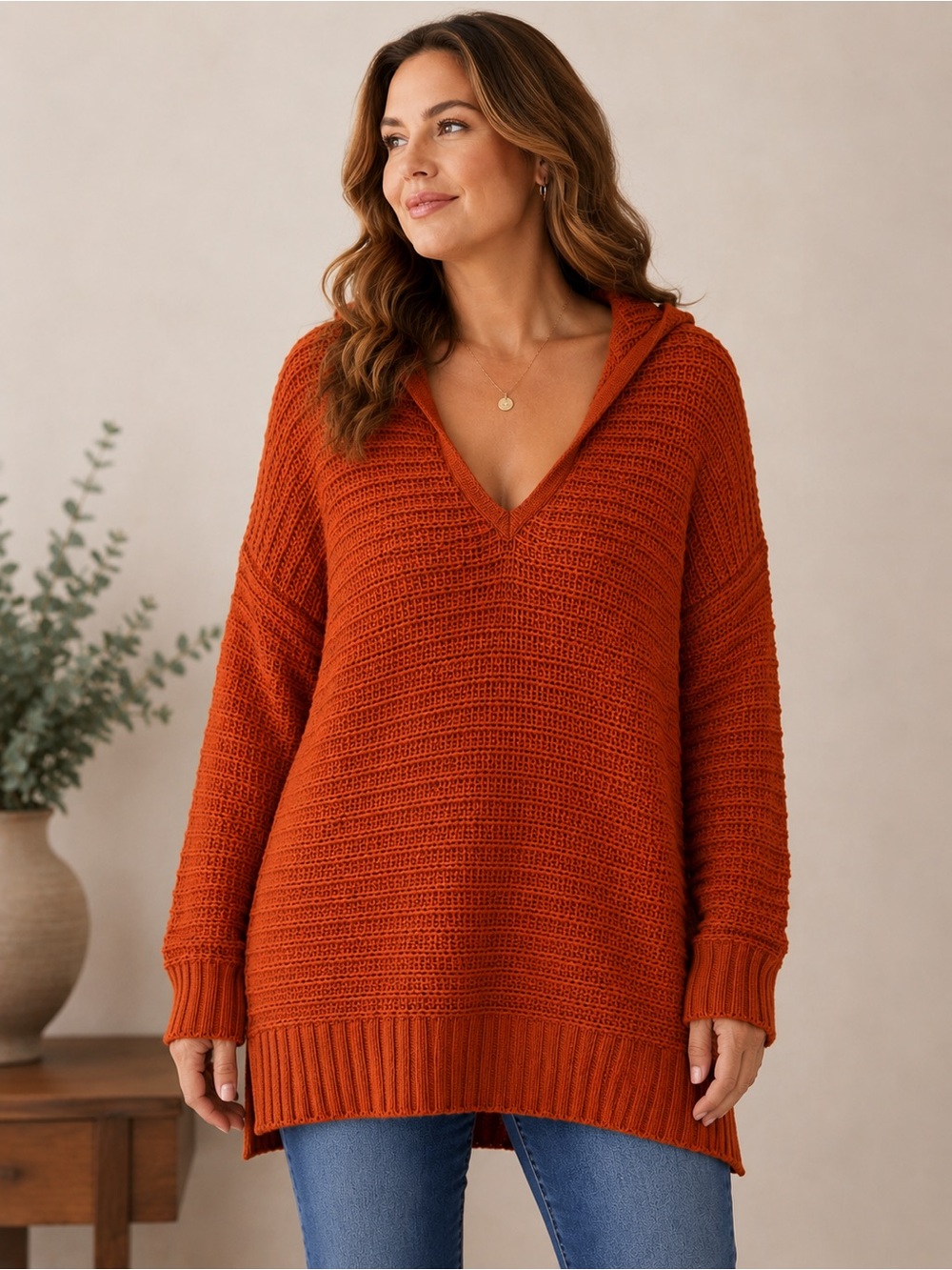 Rachel Zoe 1X Rust Orange Hooded V Neck Oversized Knit Sweater Tunic